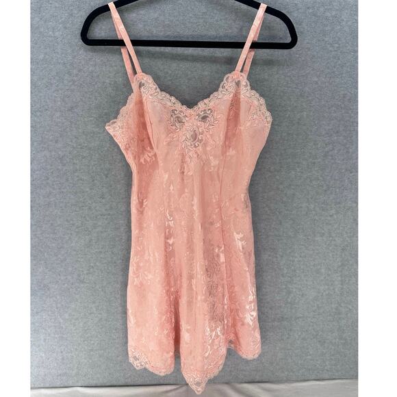 VTG Victoria Secret Sz M Gold Label Pink Peach Lace Nightie Slip Dress Lingerie - Picture 1 of 10